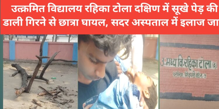अररिया – उत्क्रमित विद्यालय रहिका टोला दक्षिण में सूखे पेड़ की डाली गिरने से छात्रा घायल, सदर अस्पताल में इलाज जारी