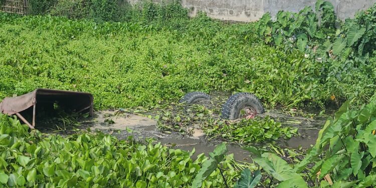 जोकीहाट – सीमेंट बालू लदा ट्रेक्टर अनियंत्रित होकर पोखड़ में पलटी।